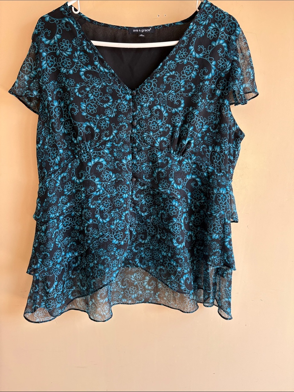 Ava & Grace Black V-Neck Sheer Blouse with Teal Floral Print
